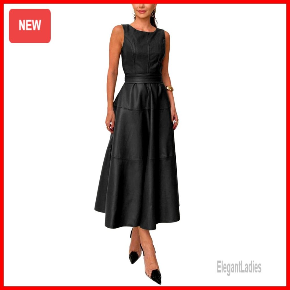 Pu Leather Sleeveless Long Dress With Belt, Night Out Party Wear